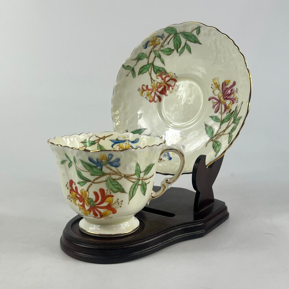 Aynsley England Bone China Honeysuckle Teacup & Saucer Set Floral Gold Trim